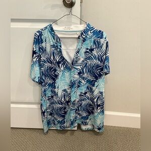 Nancy Lopez Deluxe Dri Blue and White Tropical Leaf Print golf Shirt
